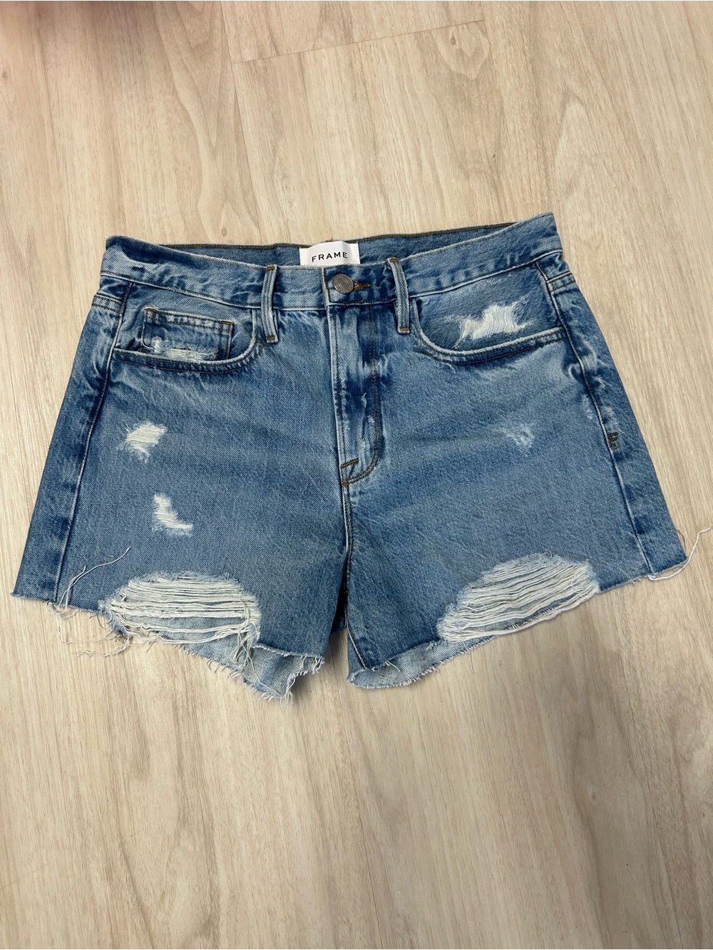 Frame High Rise Distressed Denim Shorts Womens 27 Blue